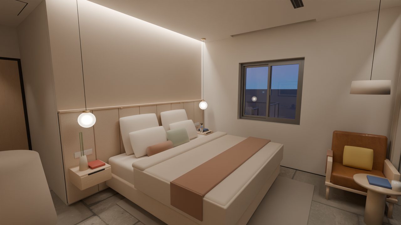 Master-Suite: Schlafzimmer Ecke Nordost · Abend