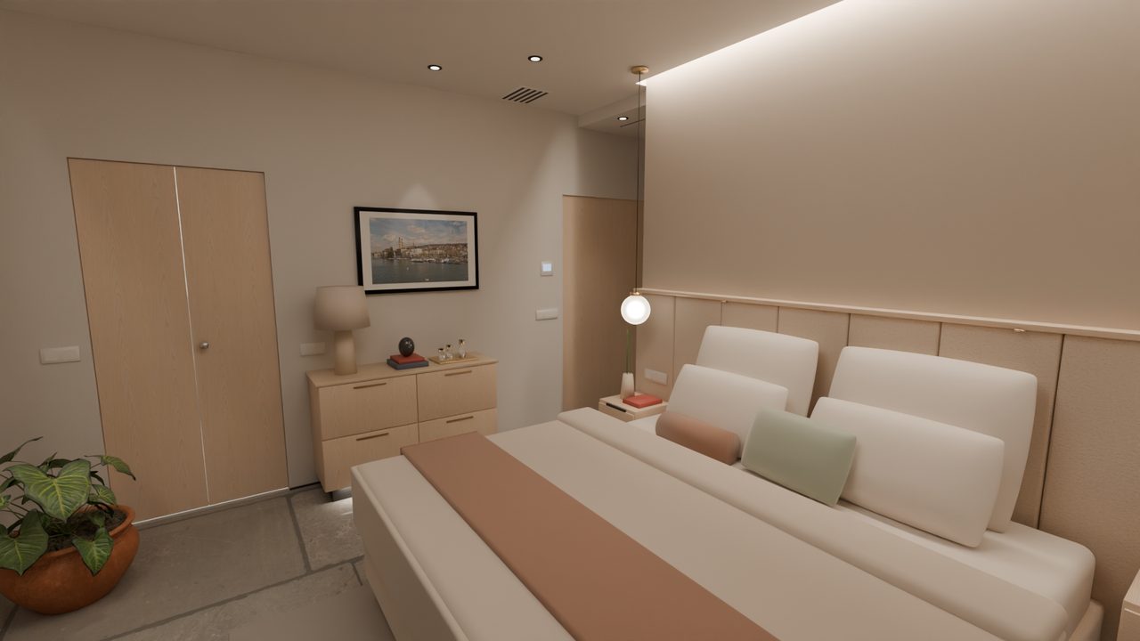 Master-Suite: Schlafzimmer Ecke Nordwest · Abend
