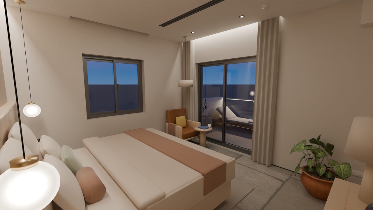 Master-Suite: Schlafzimmer Ecke Südost · Abend