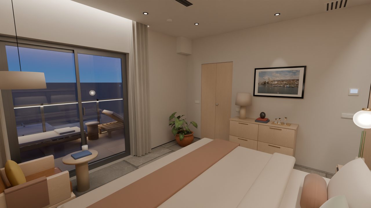 Master-Suite: Schlafzimmer Ecke Südwest · Abend