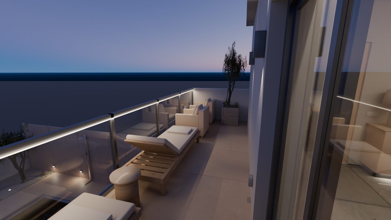 Außenanlagen: OG-Terrasse 1 · Dämmerung