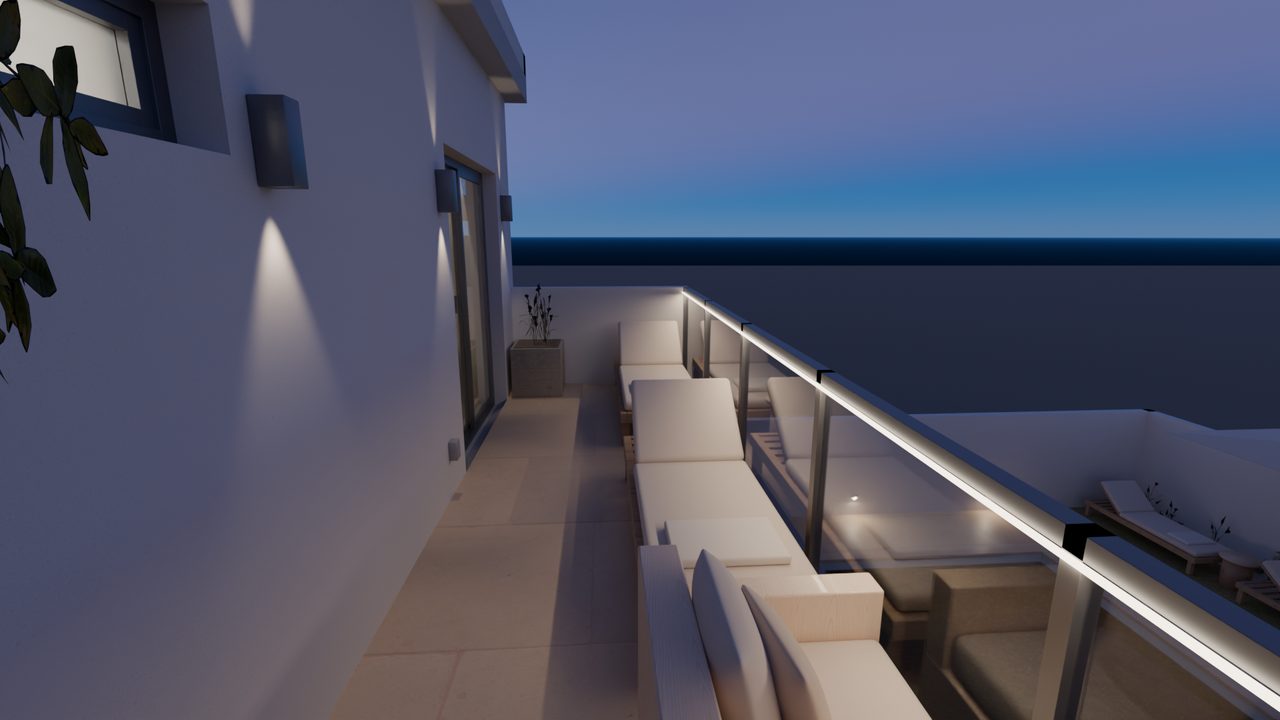 Außenanlagen: OG-Terrasse 2 · Dämmerung