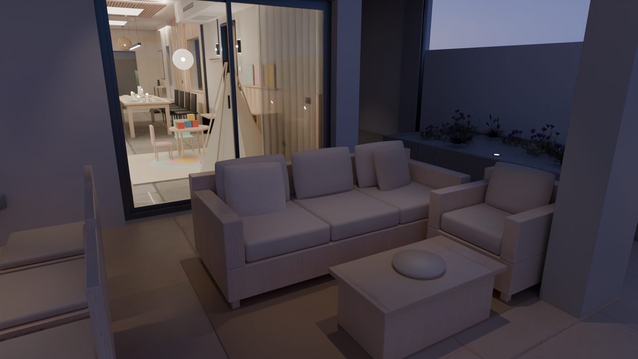 Außenanlagen: Veranda Lounge · Dämmerung